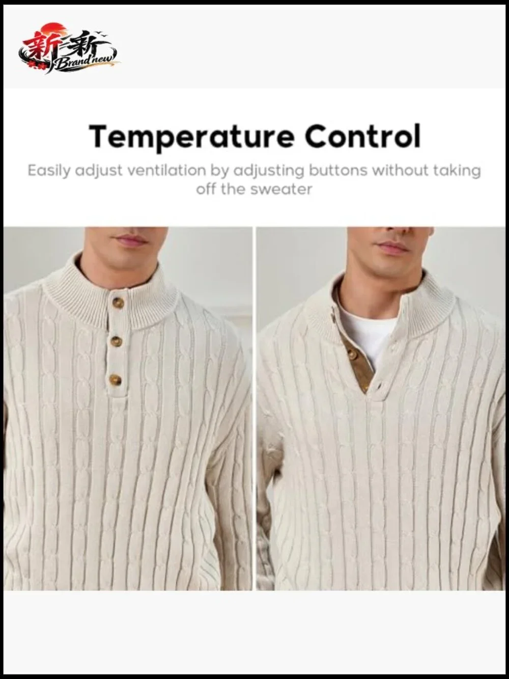 Cable Knit 1/4 Button Up Mock Neck Long Sleeve Pullover Sweater Men
